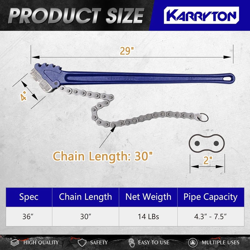 KARRYTON 36" Chain Pipe Wrench 4.3" - 7.5" Pipe Diameters, 30" Chain Length Max Breaking Load 15000Lbs, Heavy Duty Plumbing Tool for Pipe Installation, Oil Fields Operations and Maintenance - Image 2